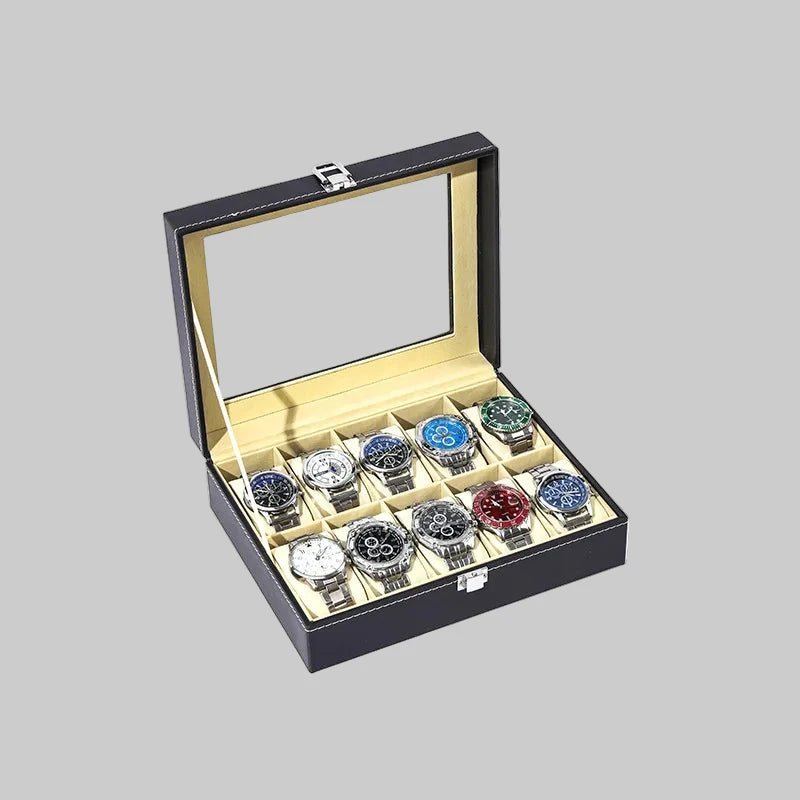 Collection montres automatiques rangées coffret vitrine exposition organisation professionnelle luxe