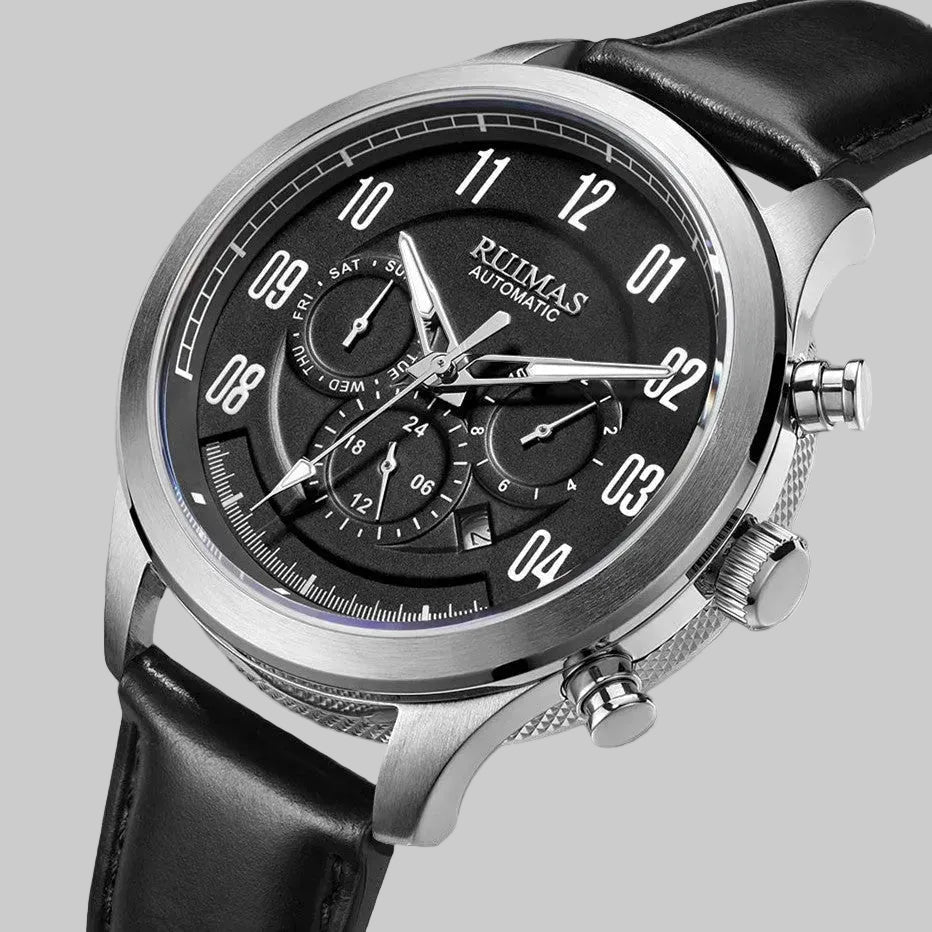 Montre automatique cuir italien bracelet noir boitier acier poli profil slim
