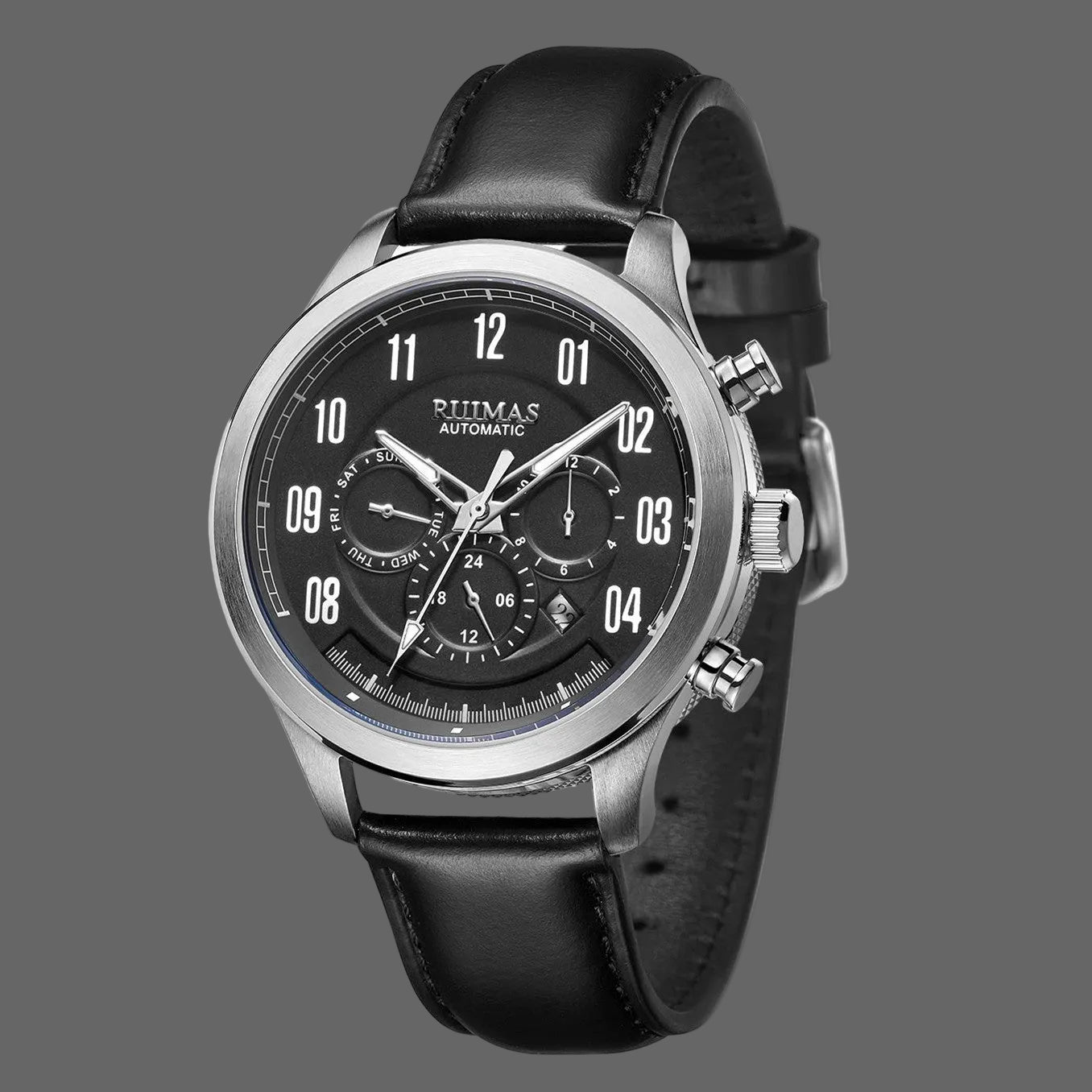 Montre automatique homme cuir vintage bracelet noir cadran noir dress watch