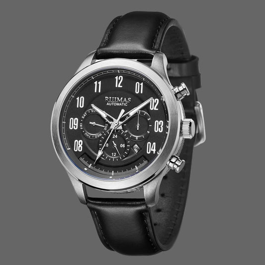 Montre automatique homme cuir vintage bracelet noir cadran noir dress watch