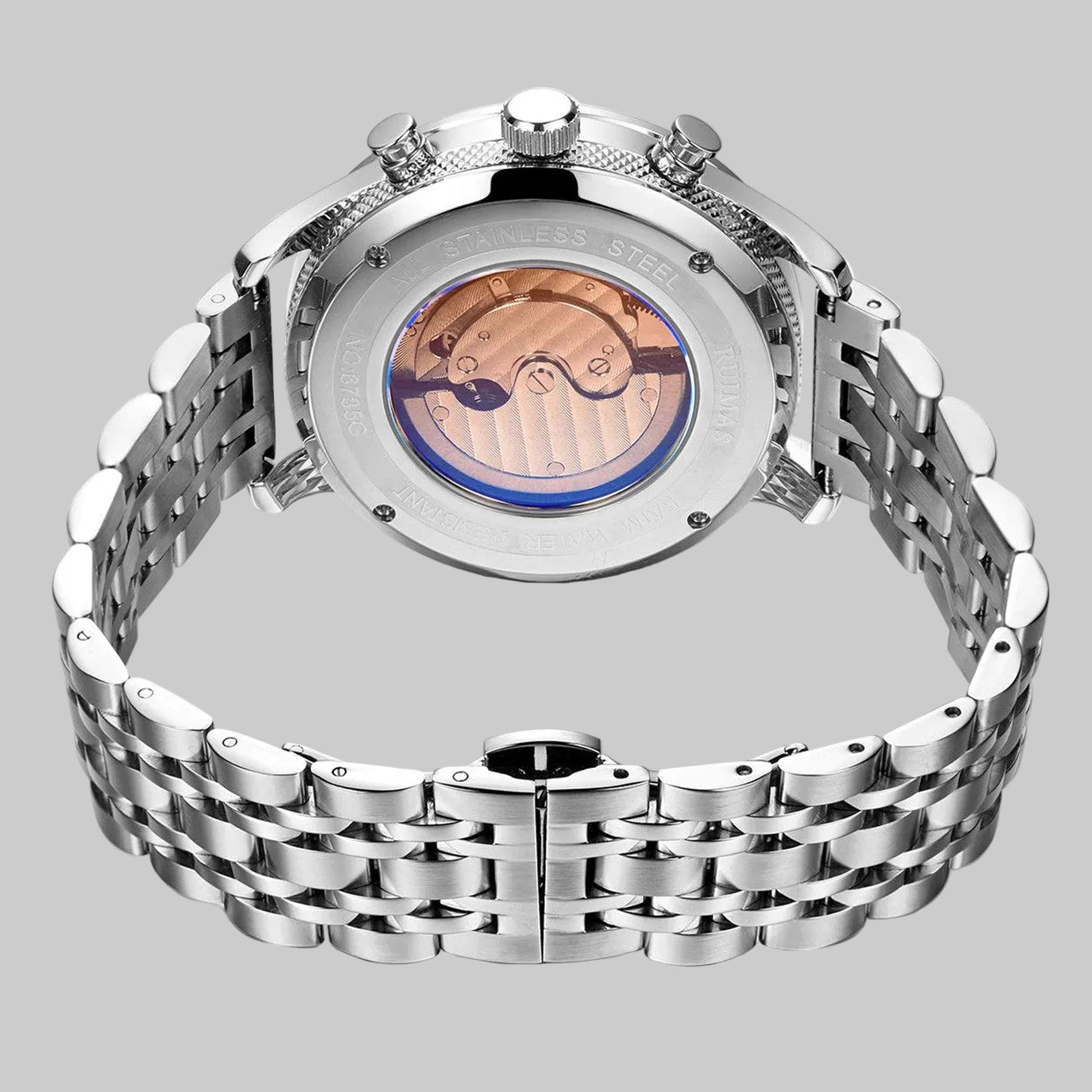 Fond transparent exhibition case back montre automatique mouvement mécanique squelette visible