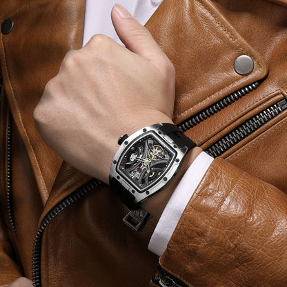 Montre automatique tonneau squelette acier cadran transparent mouvement visible