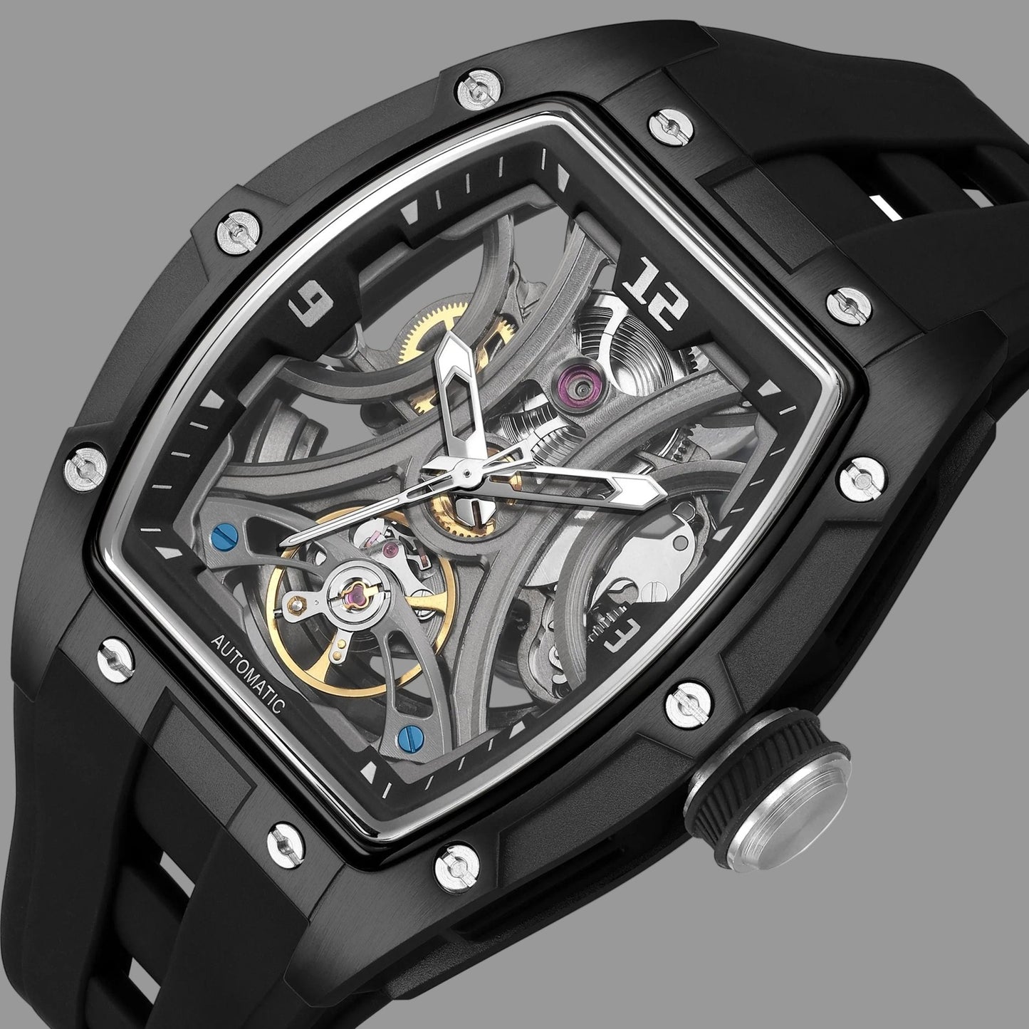 Montre Automatique Skeleton Design Tonneau